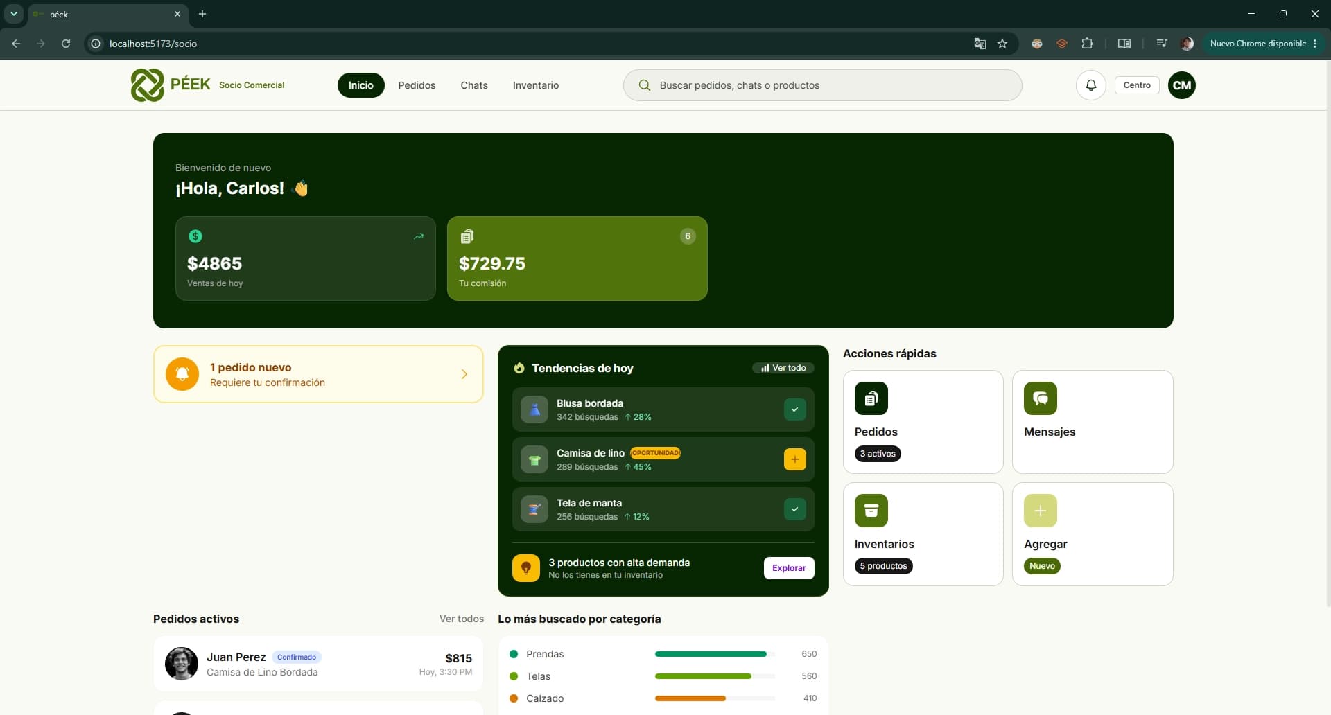 Péek business partner dashboard showing sales and commission overview