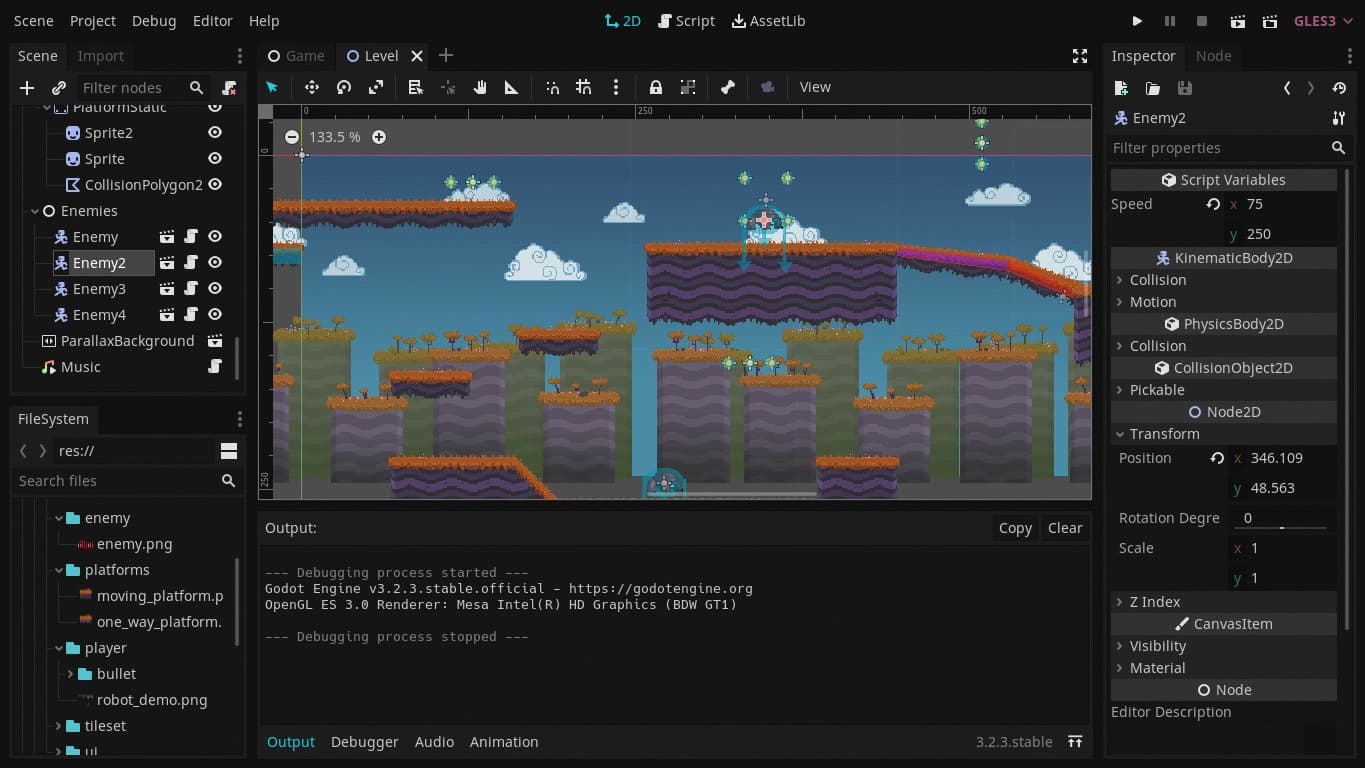 Godot editor showing the Health Pills level design