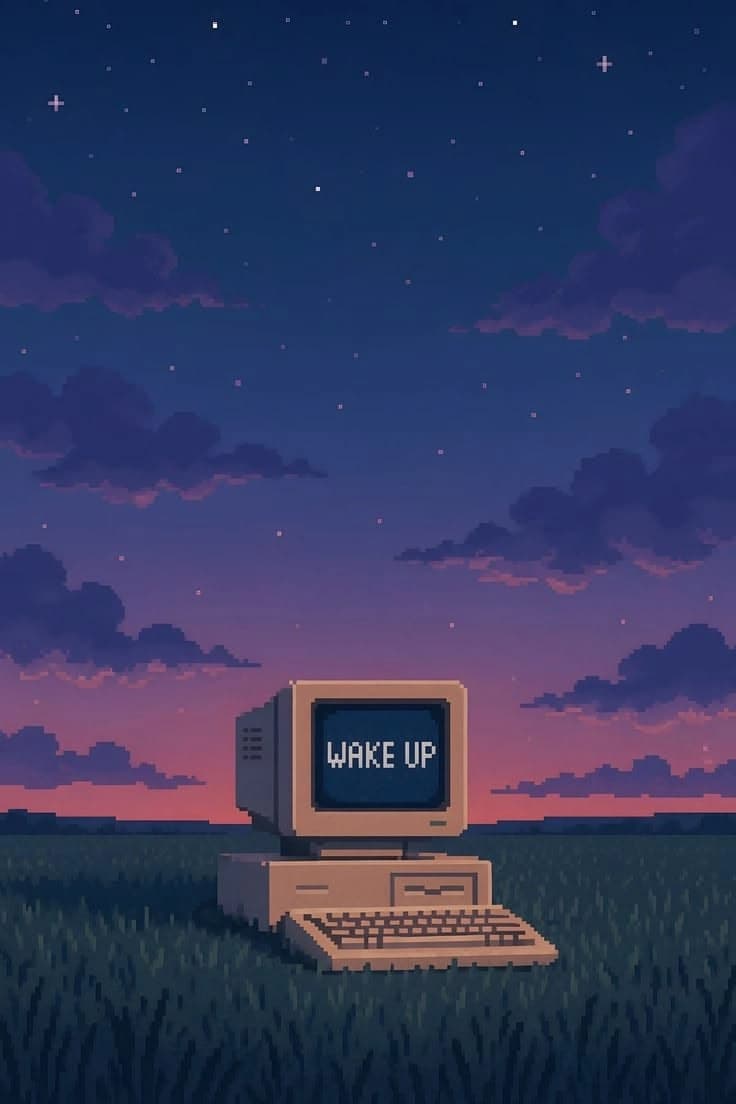 Retro computer displaying 'Wake up' in a night field