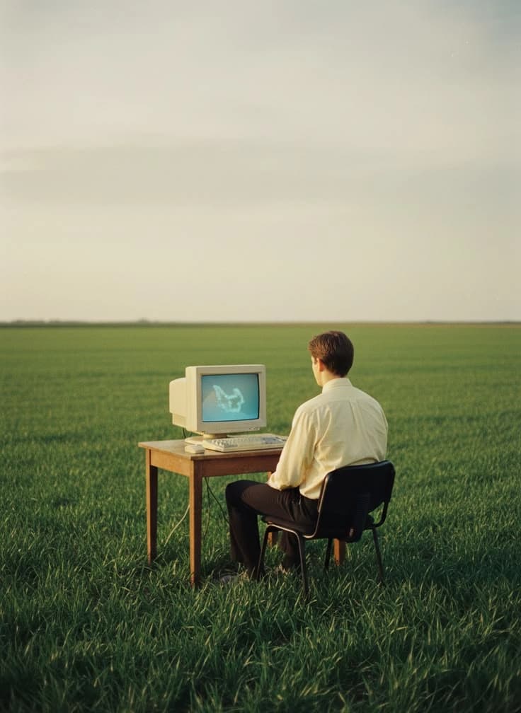 Person sitting at a desk in an open field