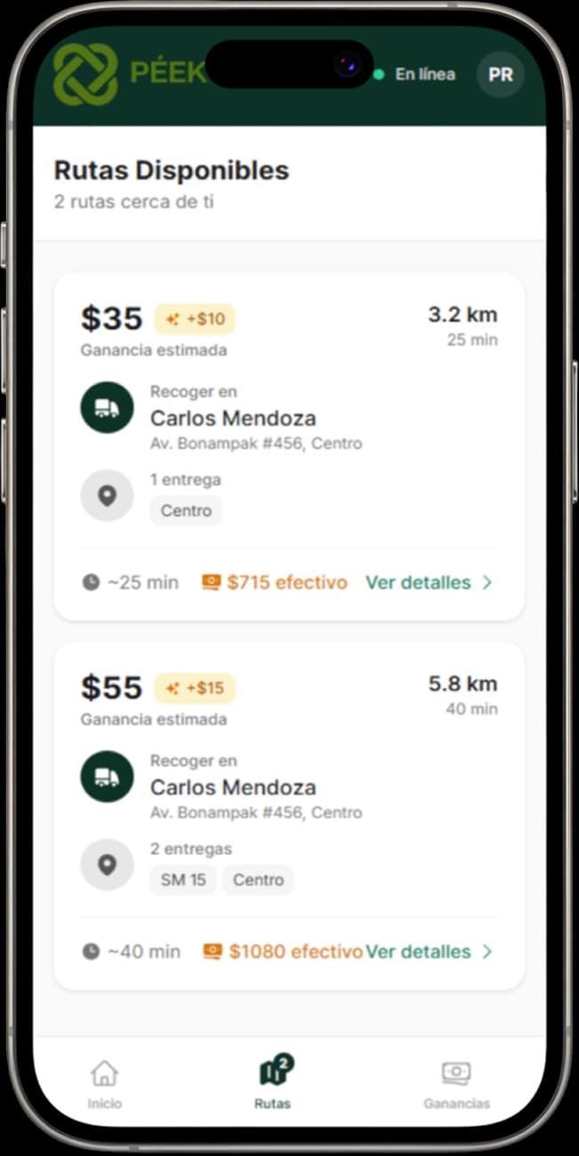Péek delivery partner app showing available routes