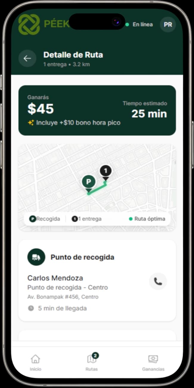 Péek delivery partner app showing route details