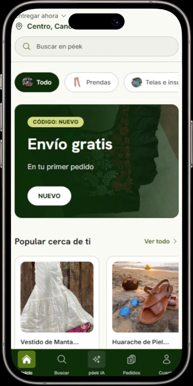 Péek customer marketplace showing products and promotions