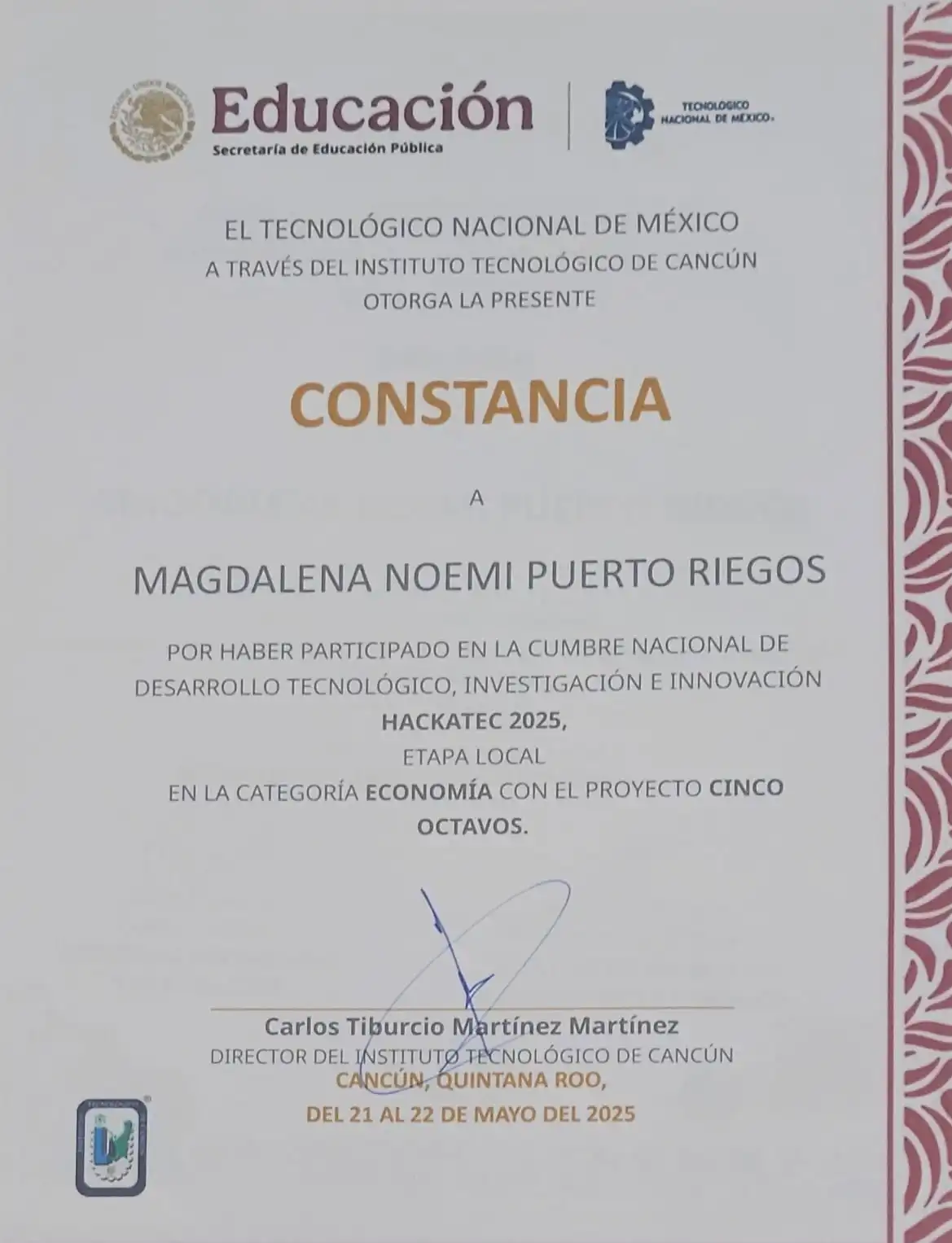 Constancia de participación en HackaTec 2025, etapa local, Instituto Tecnológico de Cancún