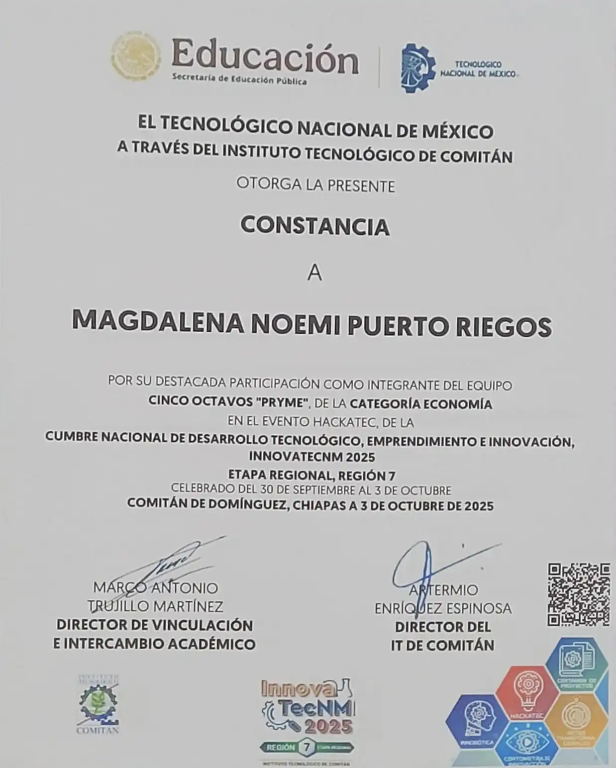 Constancia de participación en HackaTec, etapa regional Región 7, Instituto Tecnológico de Comitán
