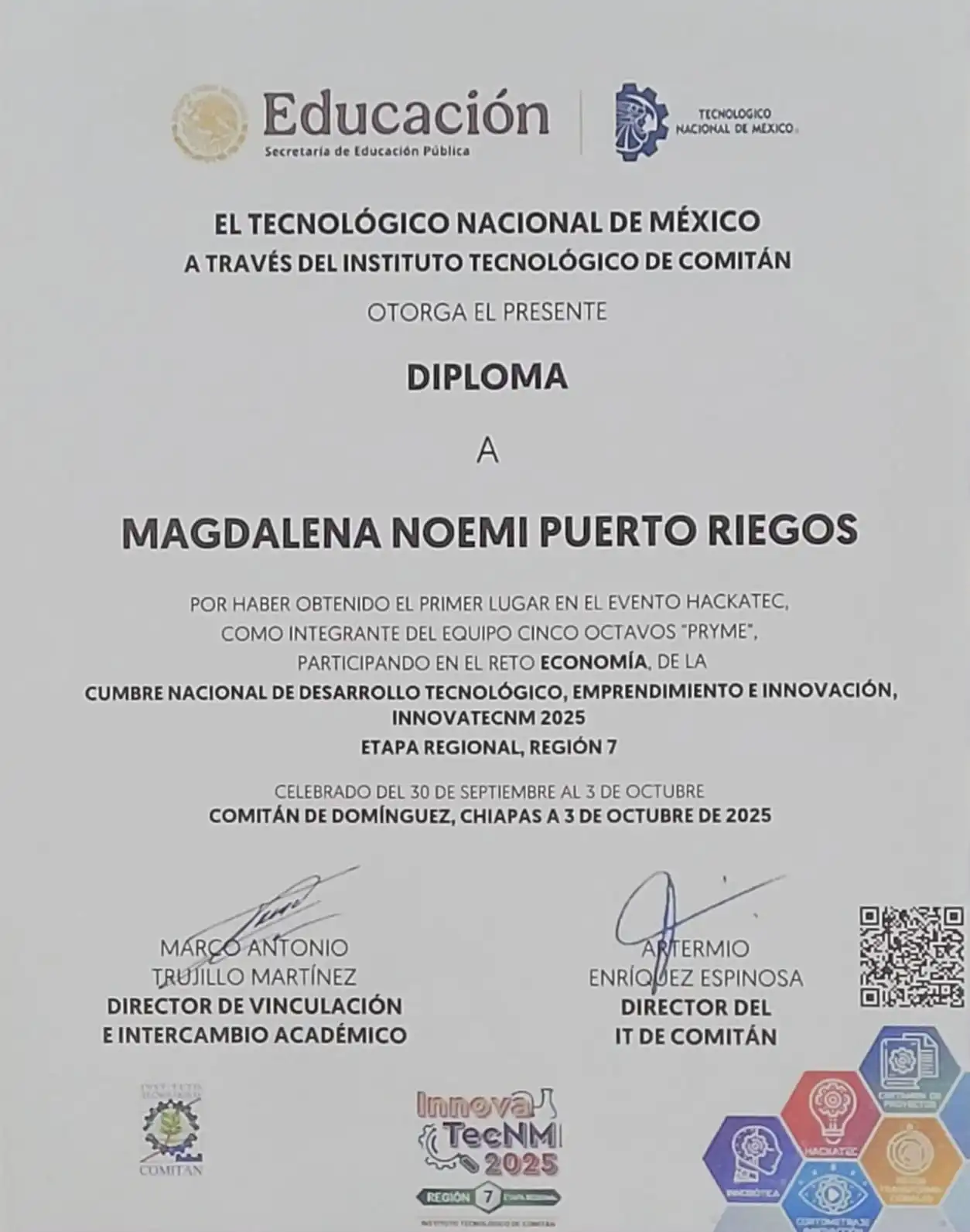 Diploma de primer lugar en HackaTec, etapa regional Región 7, InnovaTecNM 2025