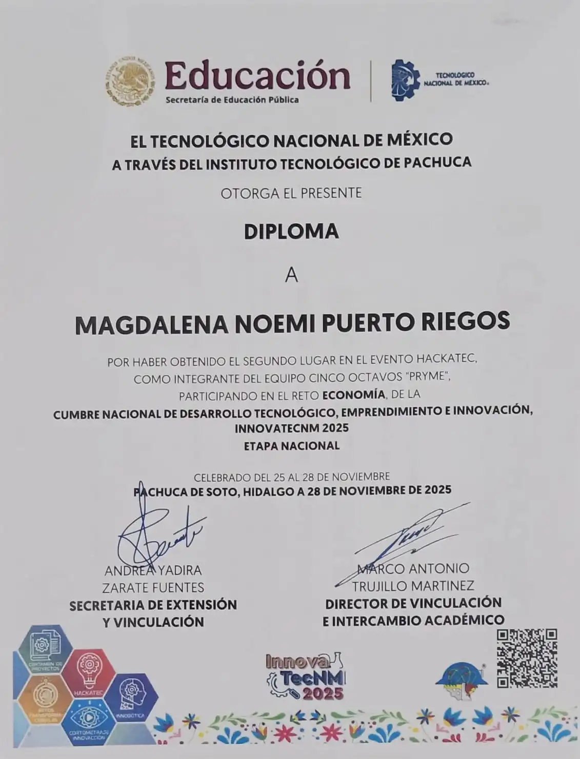Diploma de segundo lugar en HackaTec, etapa nacional, InnovaTecNM 2025, Pachuca