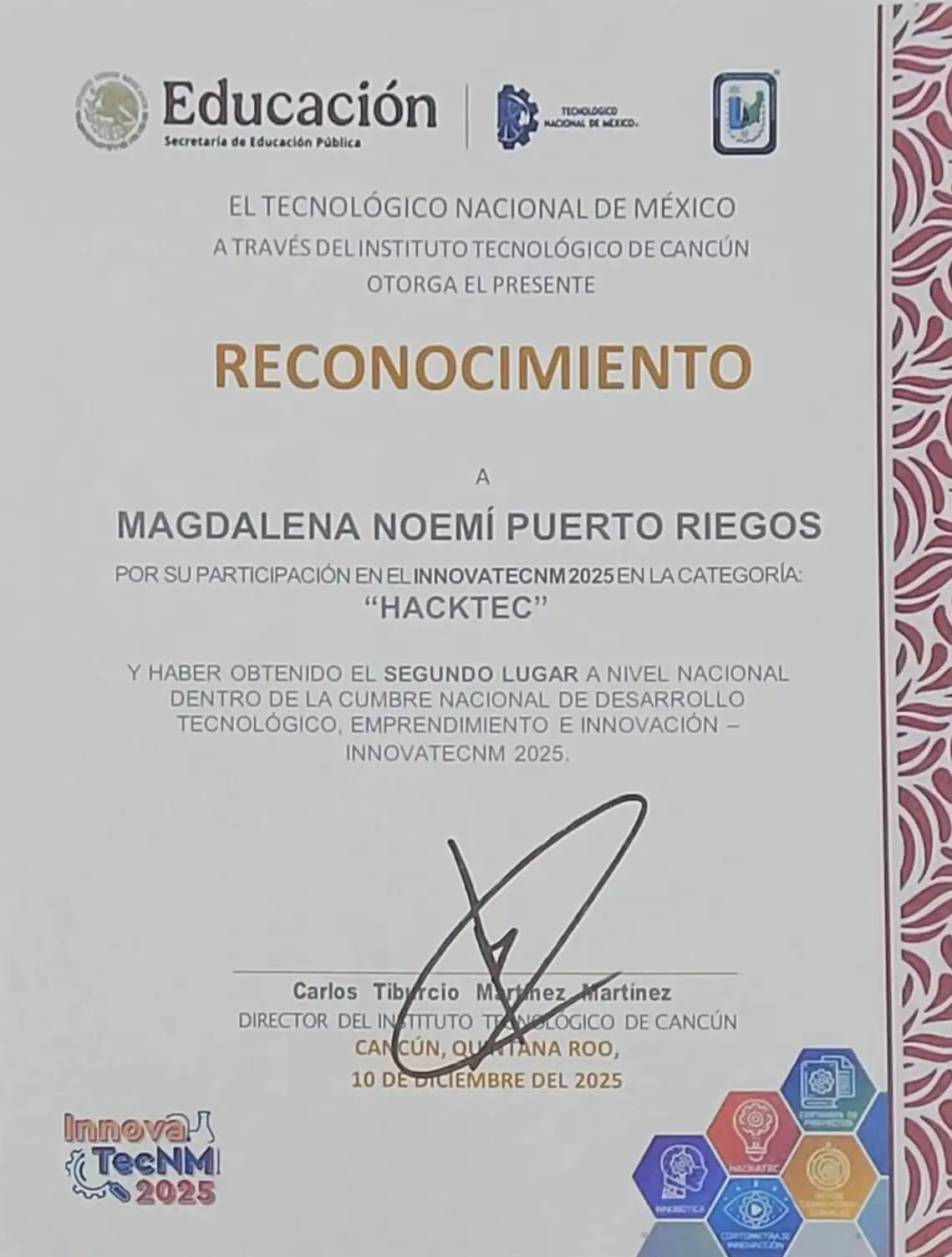 Reconocimiento por segundo lugar nacional en la categoría HackaTec, InnovaTecNM 2025