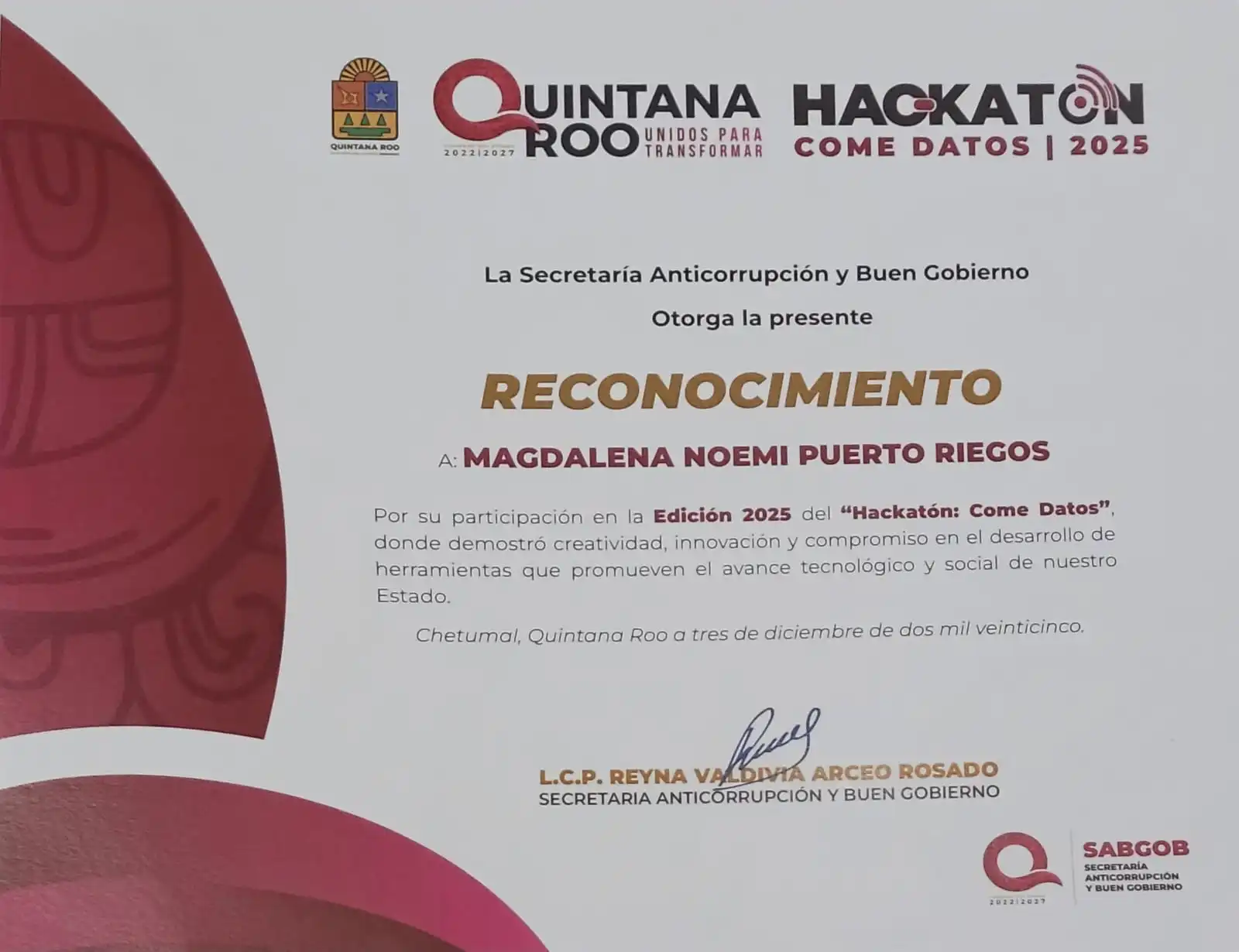 Reconocimiento por participación en el Hackatón Come Datos 2025, Gobierno de Quintana Roo