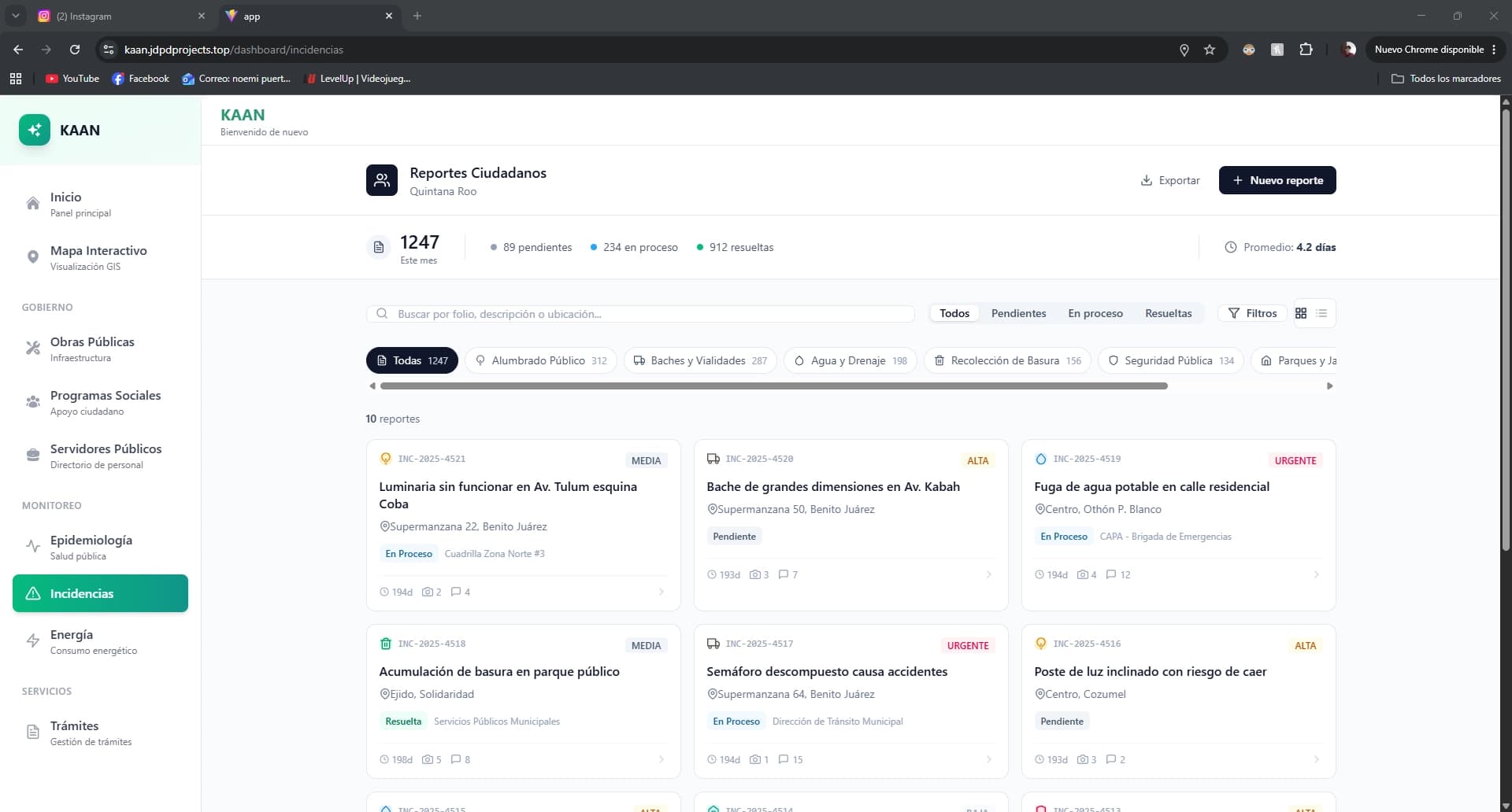 Kaan dashboard showing citizen incident reports